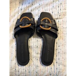 Veronica Beard Madeira Slide Sandals Leather Black Wicker Size 7.5
